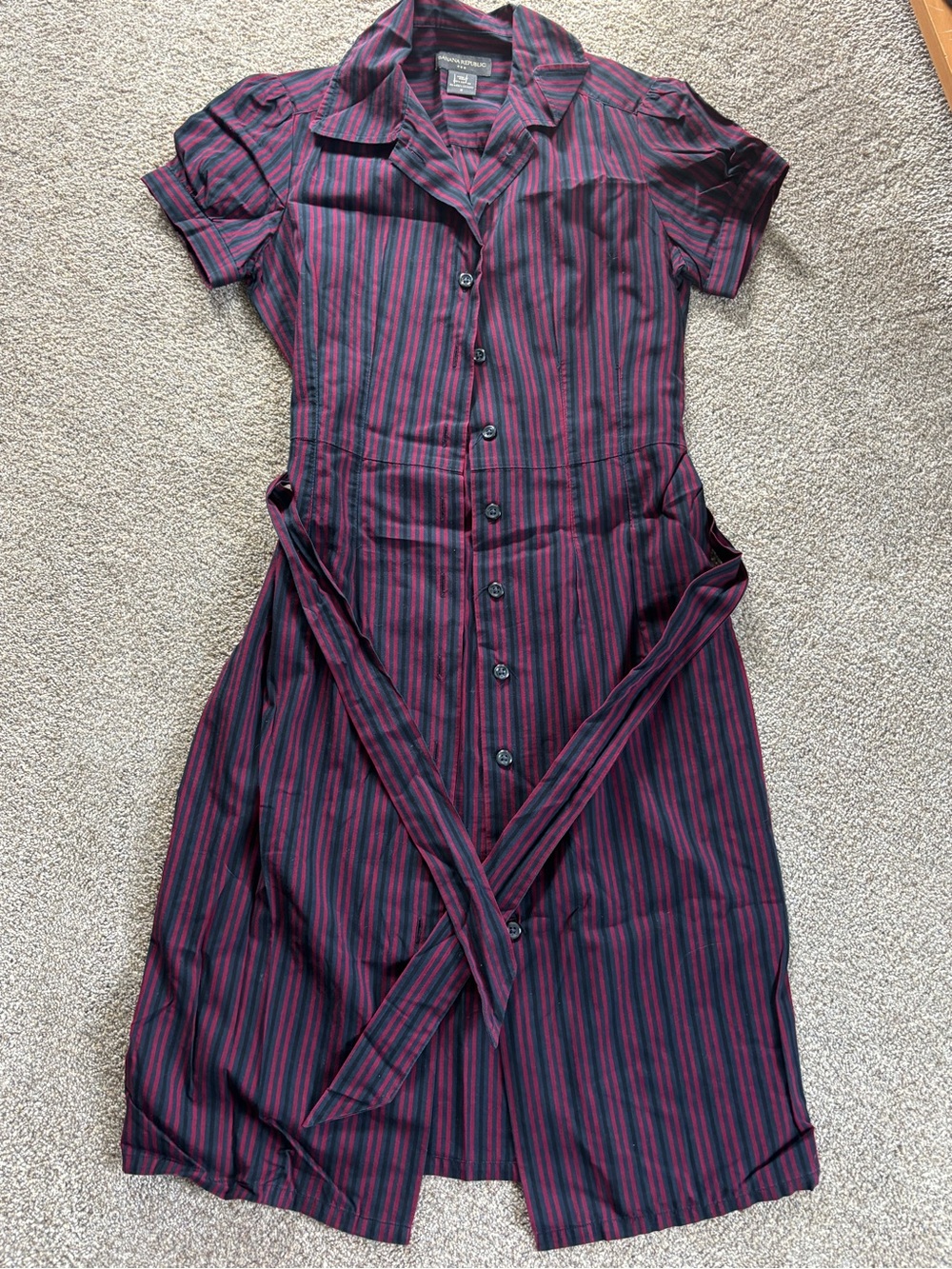 Banana Republic Red, Blue & Black Pin Striped Midi Shirt Dress size 2